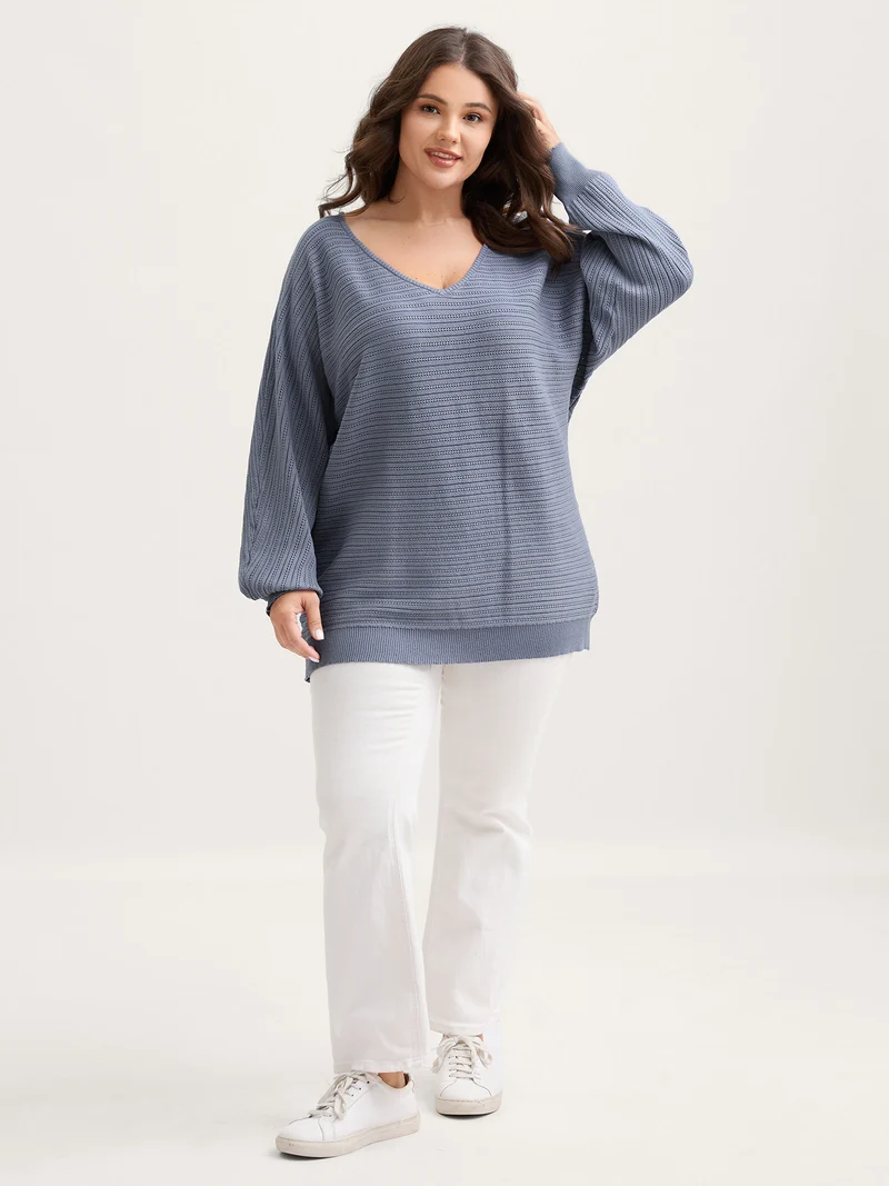 Supersoft Textured V-Neck Batwing Sleeve Pullover