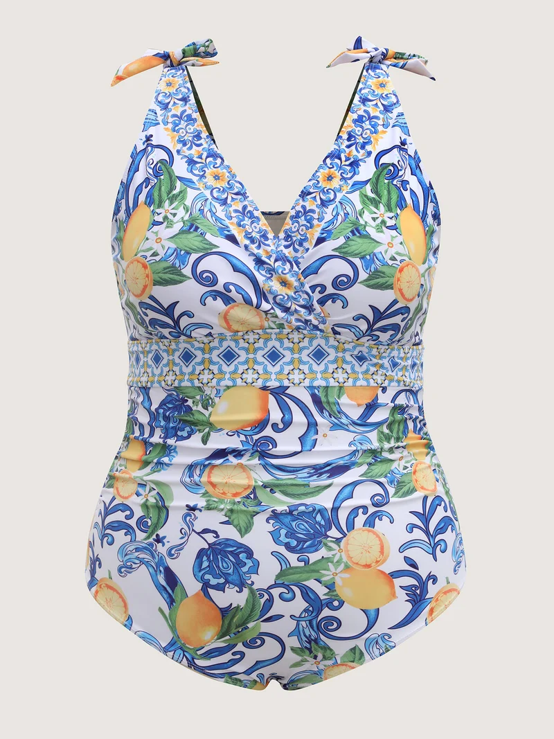 Two-Piece Citrus Print Sarong Swimsuit