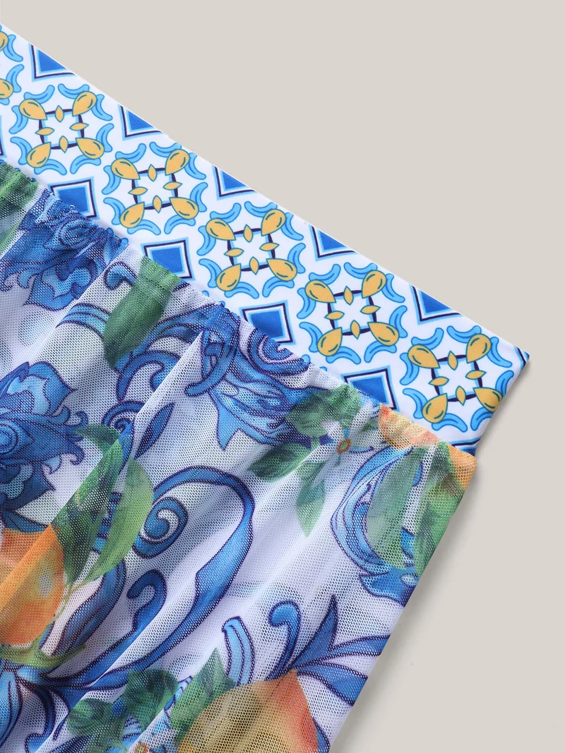 Two-Piece Citrus Print Sarong Swimsuit