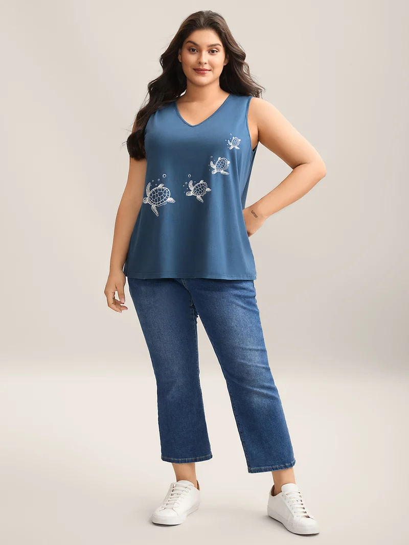 Turtle Print V-Neck Tank Top