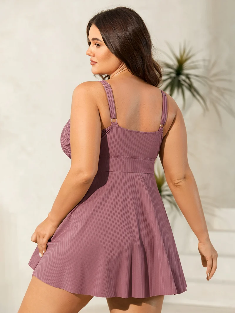Textured Belted Solid Swim Dress