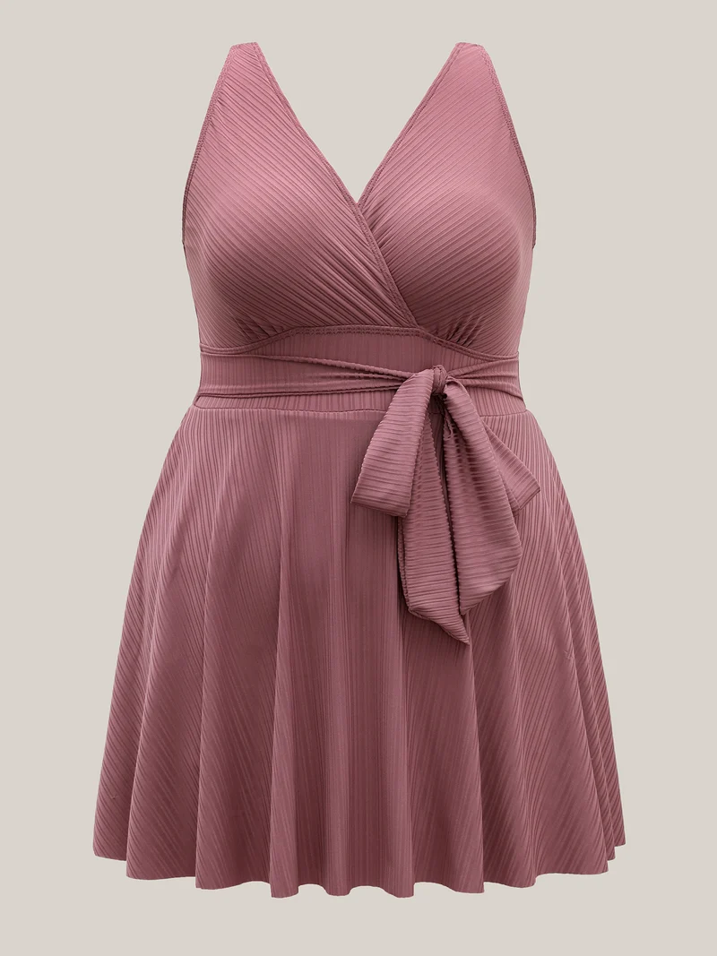 Textured Belted Solid Swim Dress