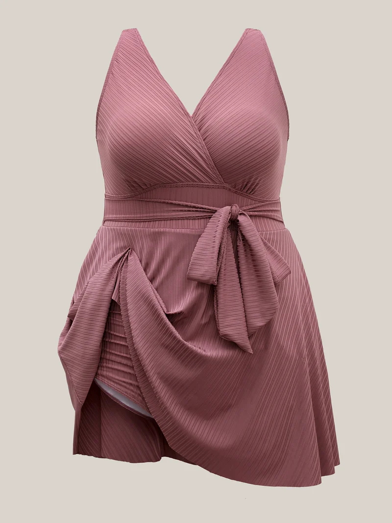 Textured Belted Solid Swim Dress
