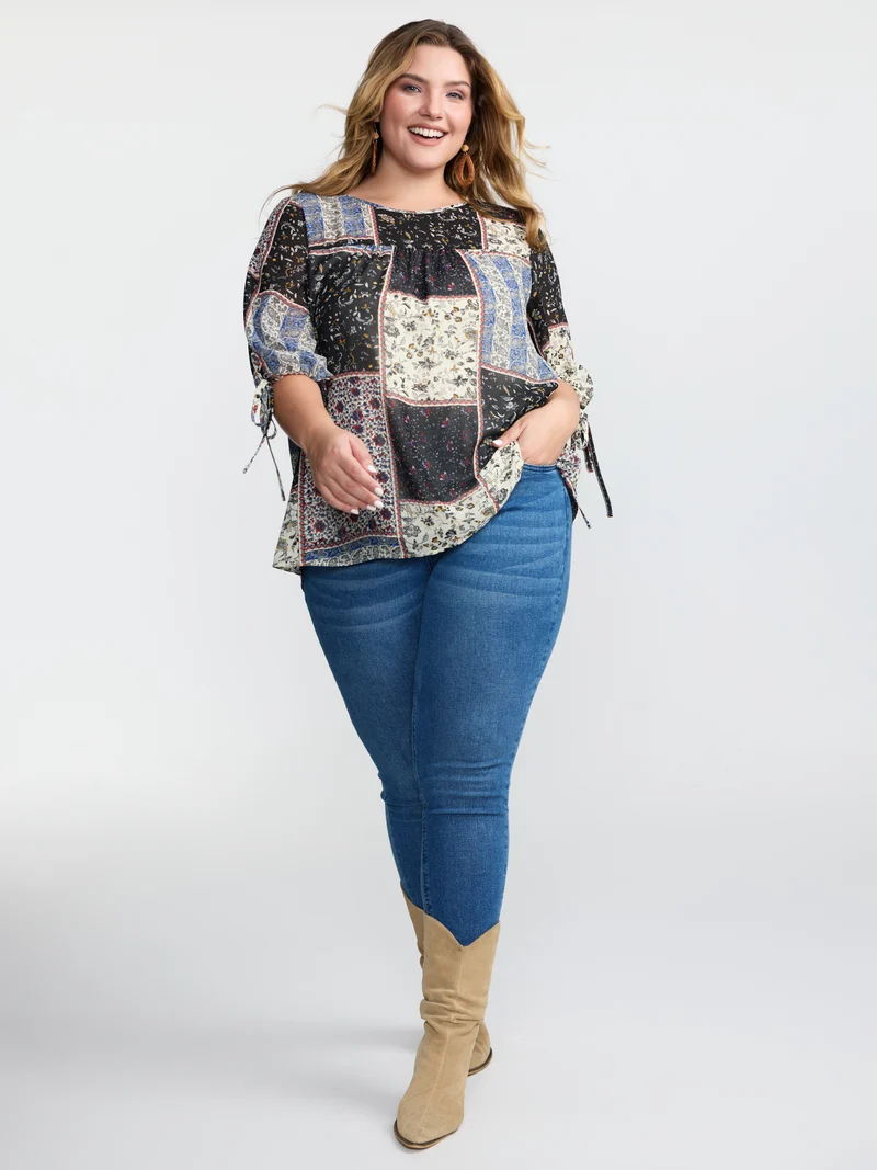 Boho Collage Print Sleeve-Tie Blouse