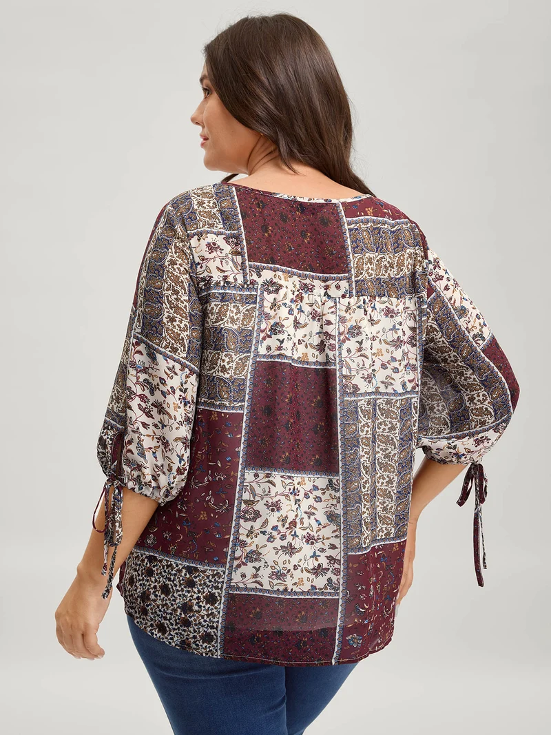 Boho Collage Print Sleeve-Tie Blouse