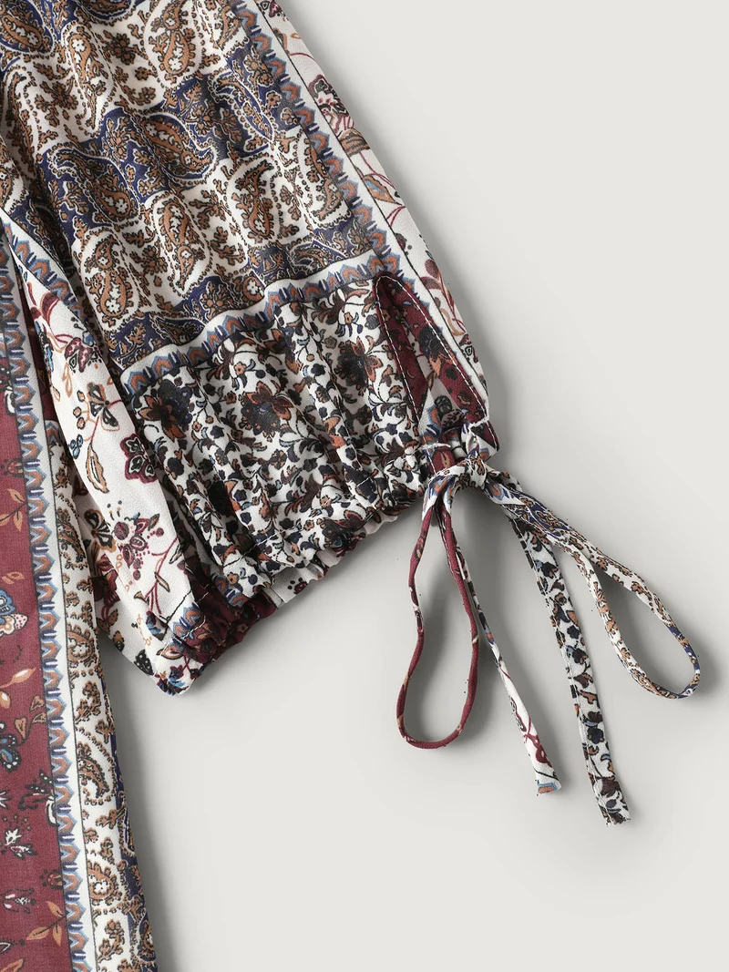 Boho Collage Print Sleeve-Tie Blouse