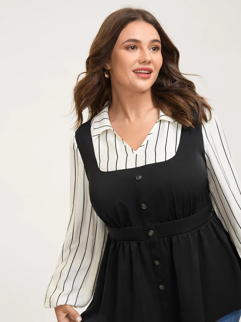 2-in-1 Button Vest Striped Blouse