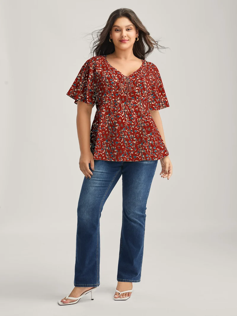 Bust-Comfort Floral Print Tie Blouse
