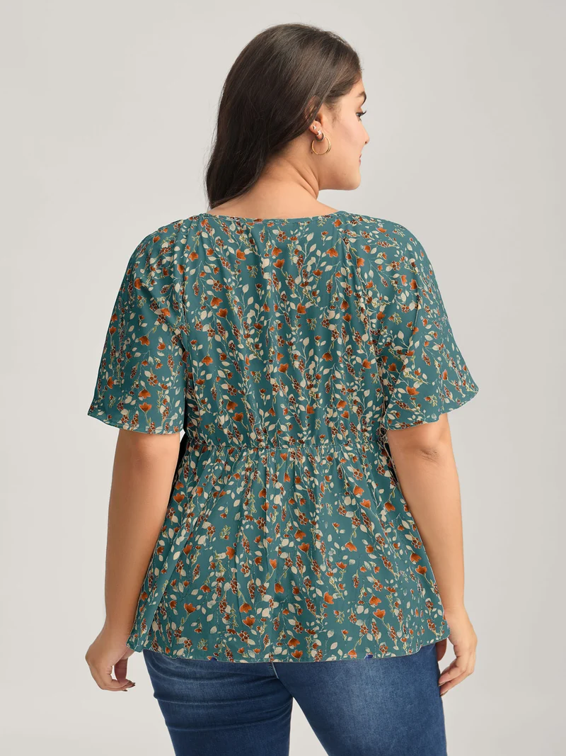 Bust-Comfort Floral Print Tie Blouse