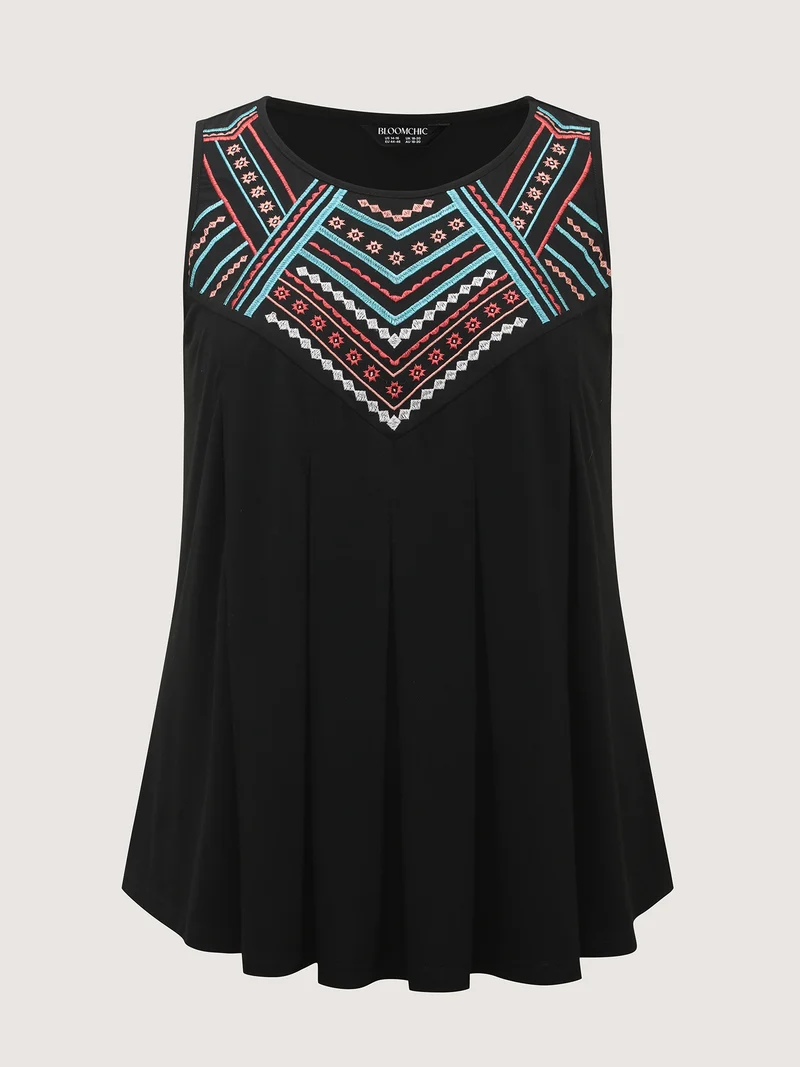 Embroidered Neckline Pleated Front Panel Tank Top