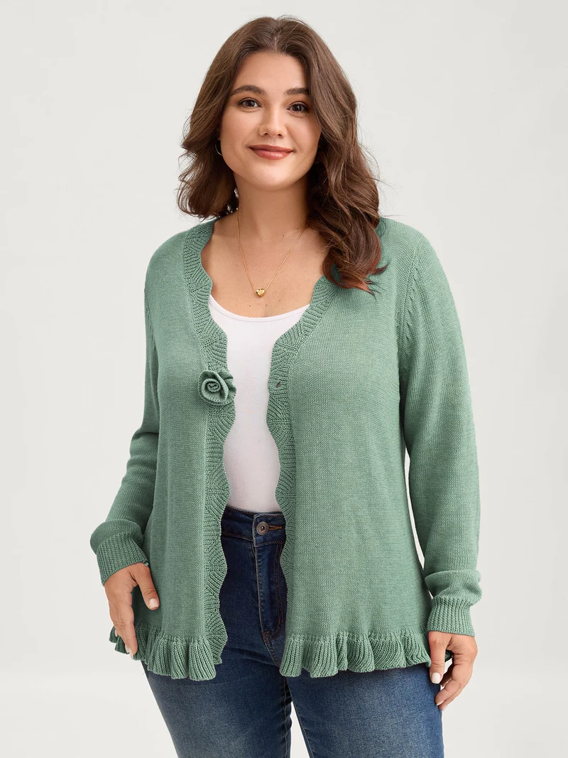 Supersoft Textured Floral Button Ruffled Hem Knit Cardigan