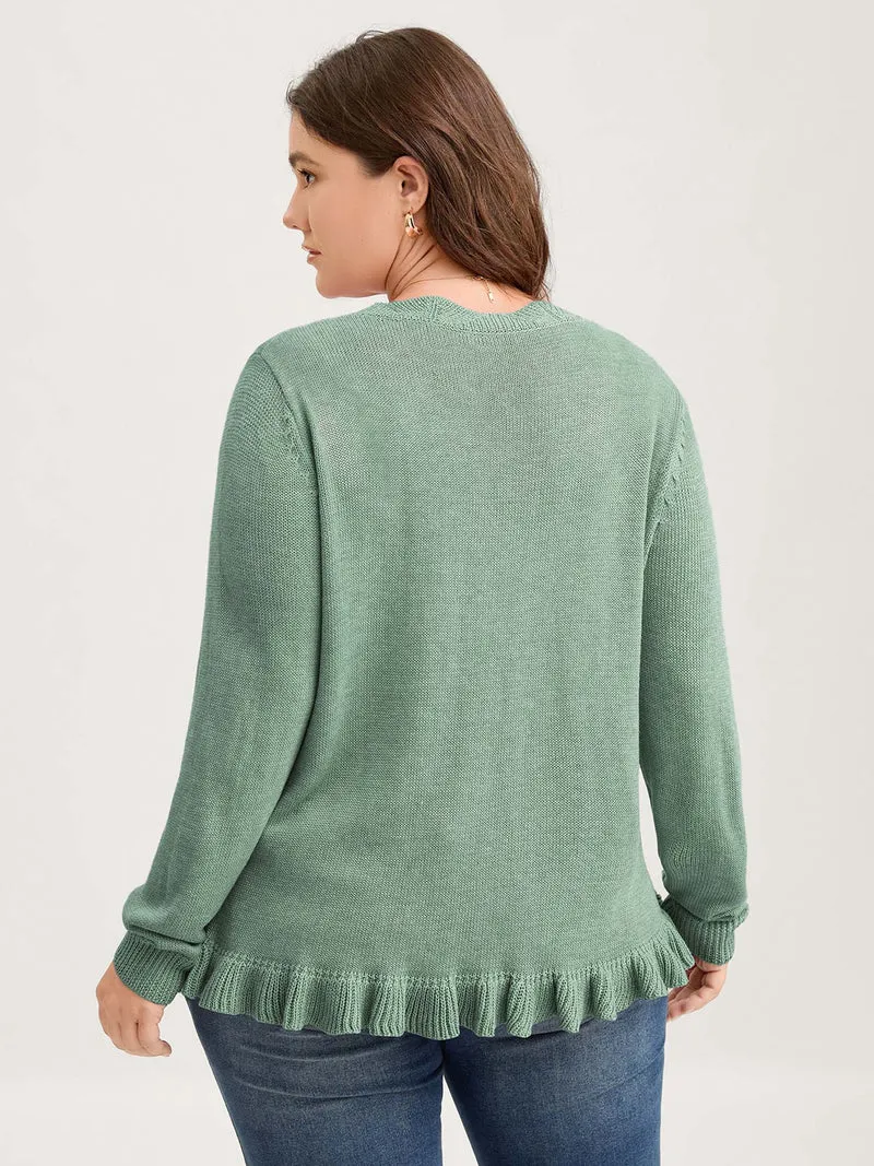 Supersoft Textured Floral Button Ruffled Hem Knit Cardigan