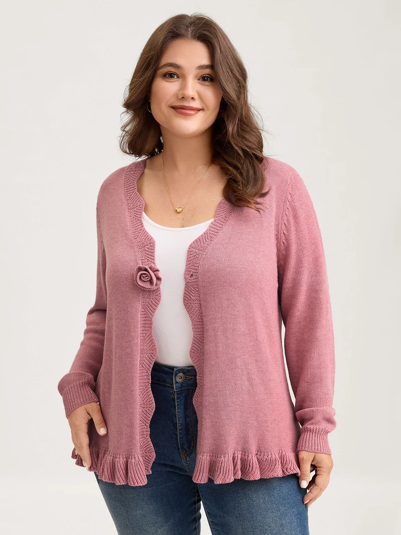 Supersoft Textured Floral Button Ruffled Hem Knit Cardigan