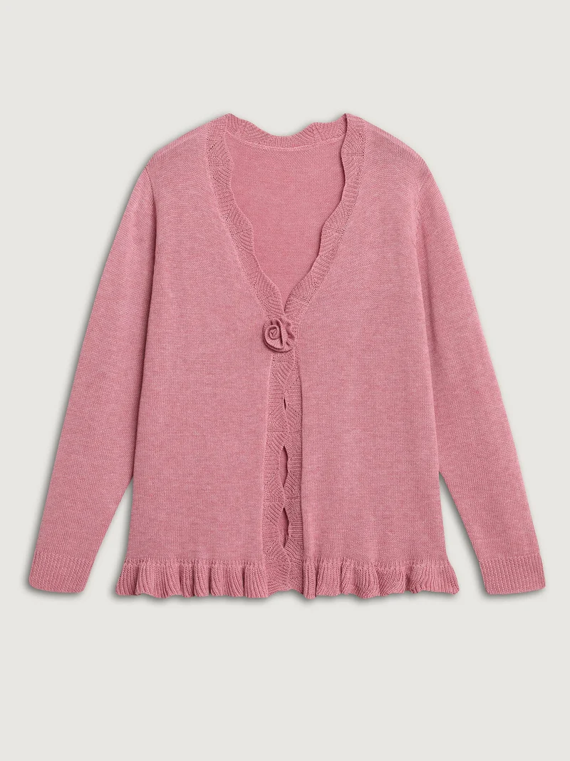 Supersoft Textured Floral Button Ruffled Hem Knit Cardigan