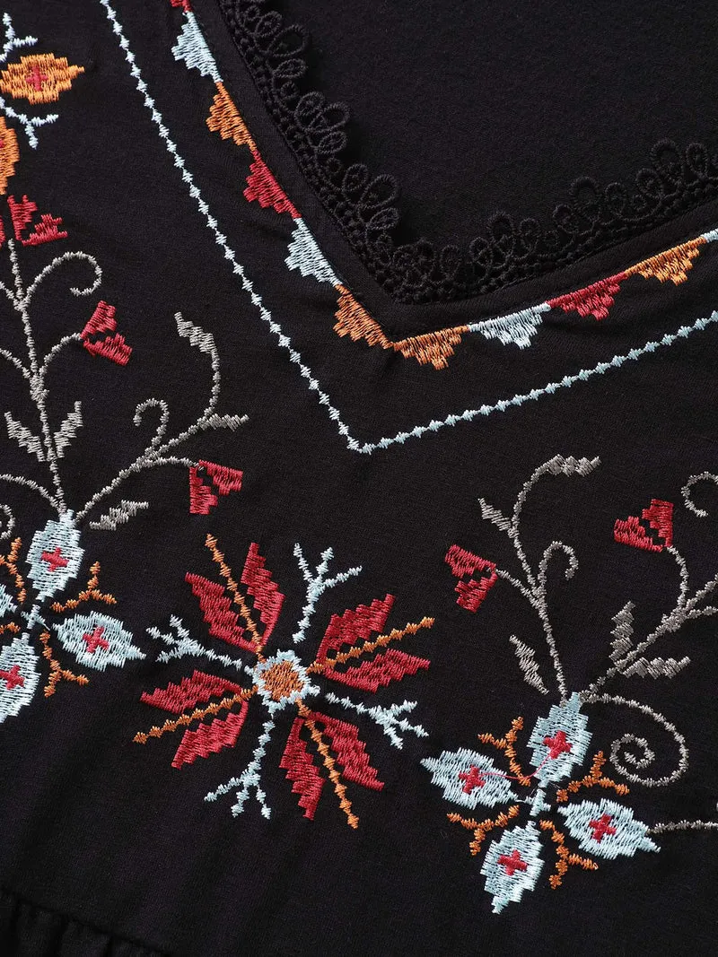Color Floral Embroidery Lace Knit Top
