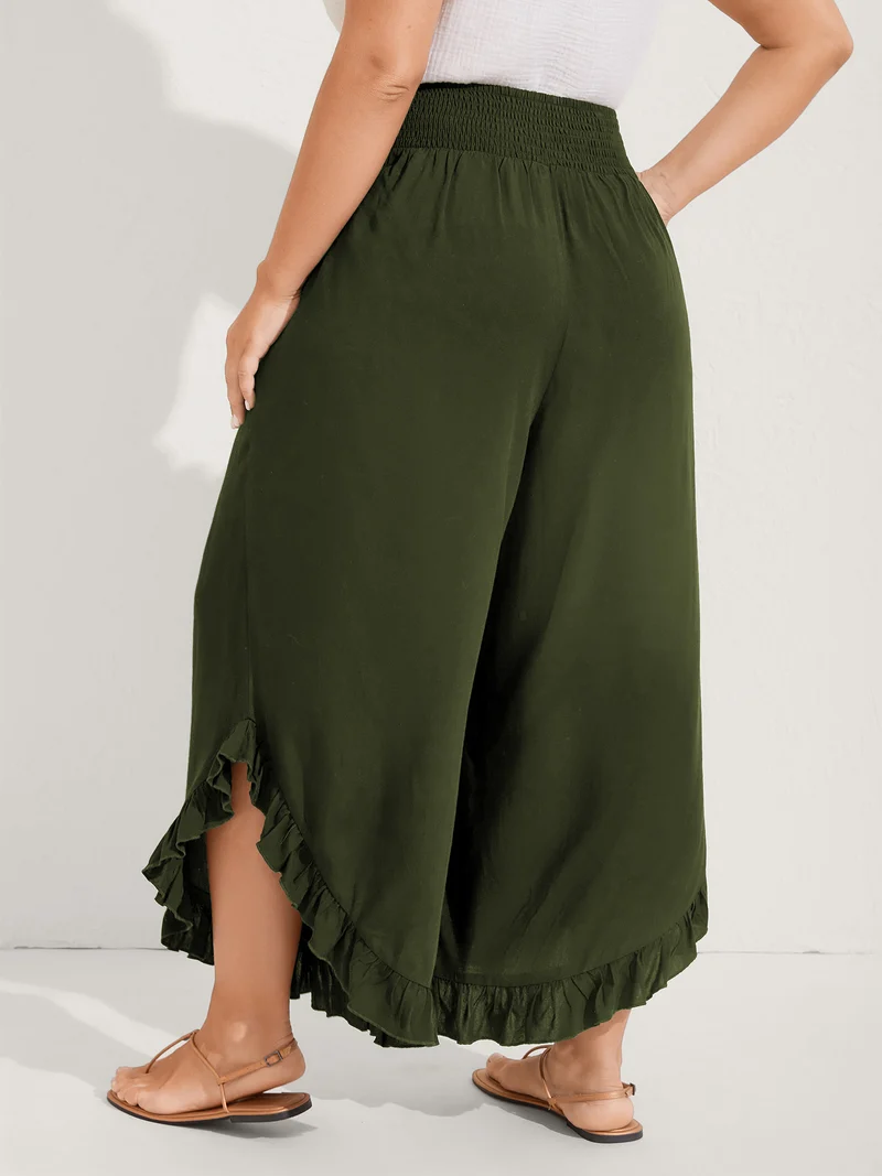 Ruffled Curvy Hem Wide-Leg Pants