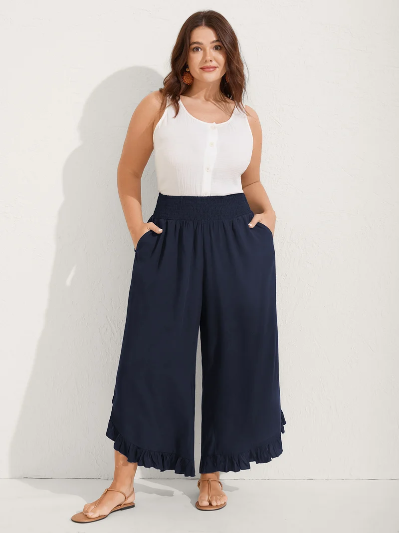 Ruffled Curvy Hem Wide-Leg Pants