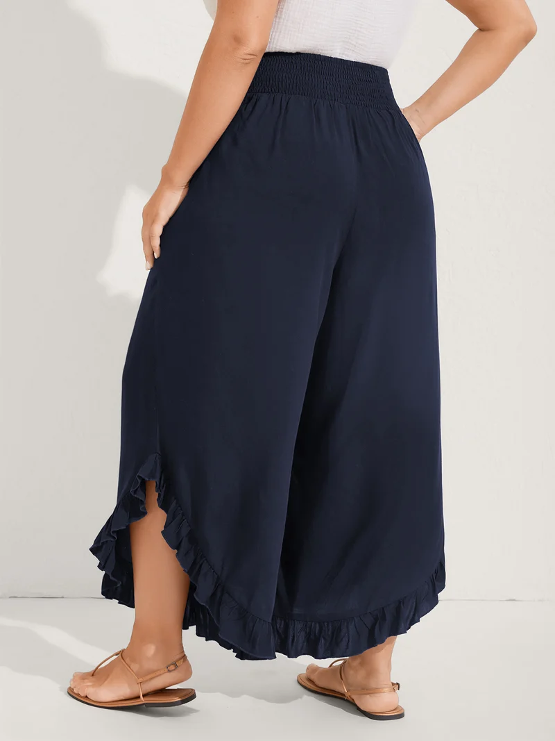 Ruffled Curvy Hem Wide-Leg Pants