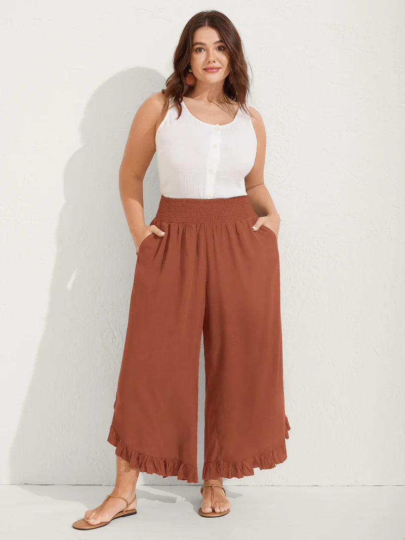 Ruffled Curvy Hem Wide-Leg Pants