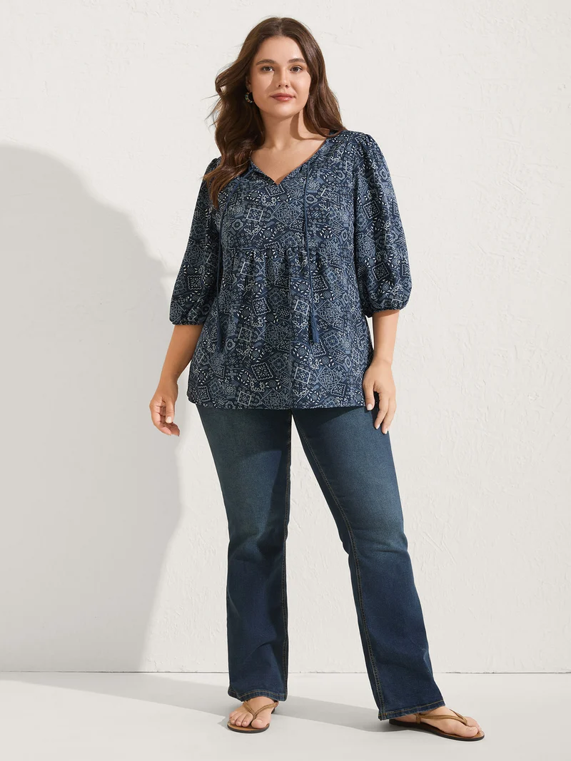 Boho Print Neck Tie Lantern Sleeve Blouse