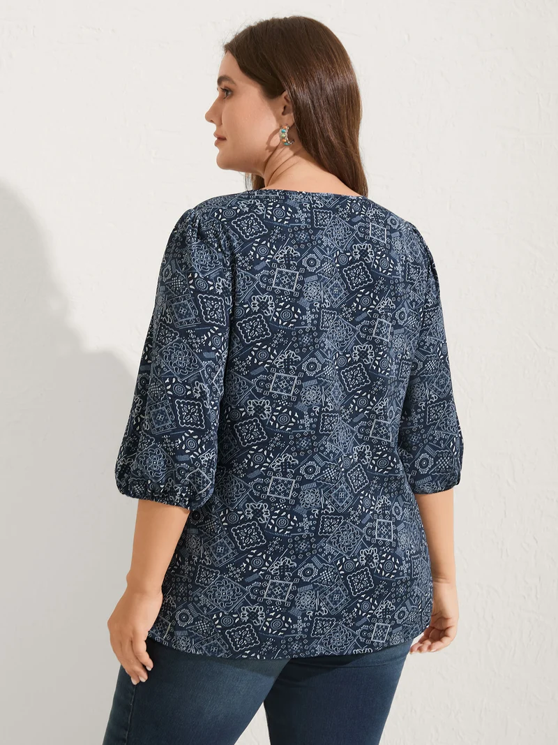 Boho Print Neck Tie Lantern Sleeve Blouse