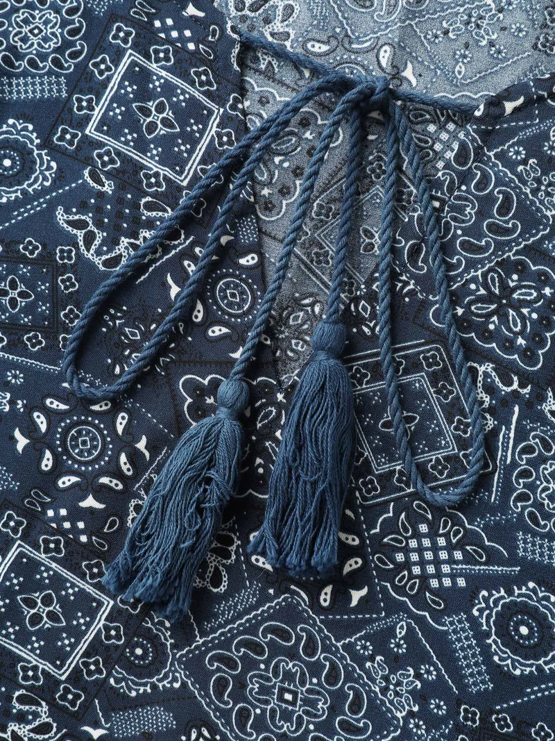 Boho Print Neck Tie Lantern Sleeve Blouse
