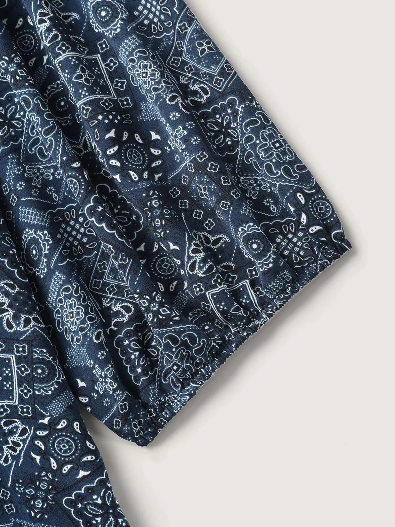 Boho Print Neck Tie Lantern Sleeve Blouse