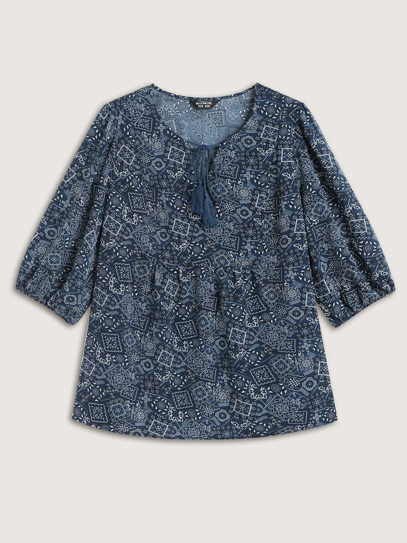 Boho Print Neck Tie Lantern Sleeve Blouse