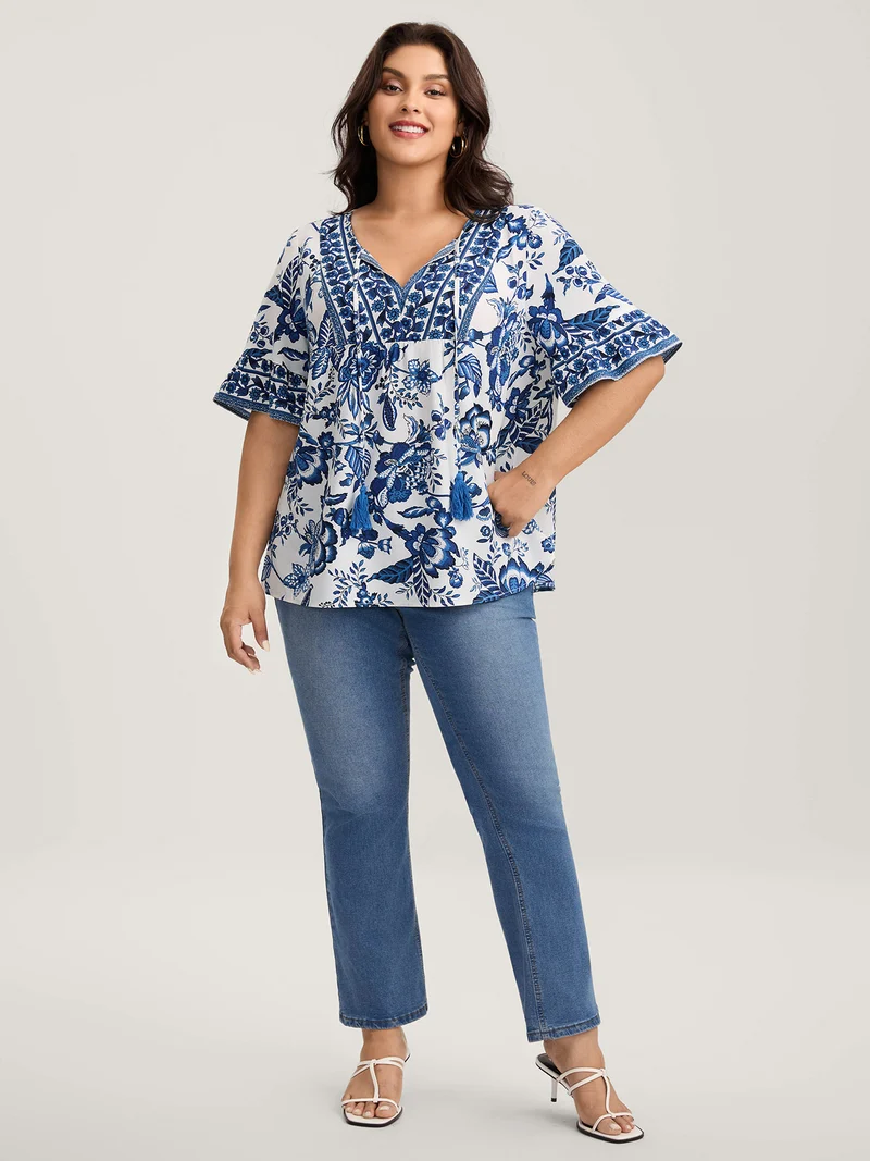 Floral Print Neck Tassels Blouse