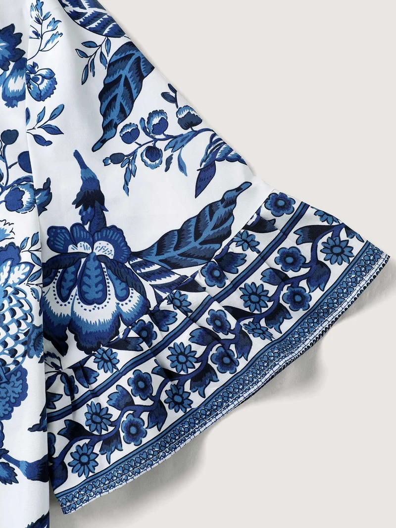 Floral Print Neck Tassels Blouse