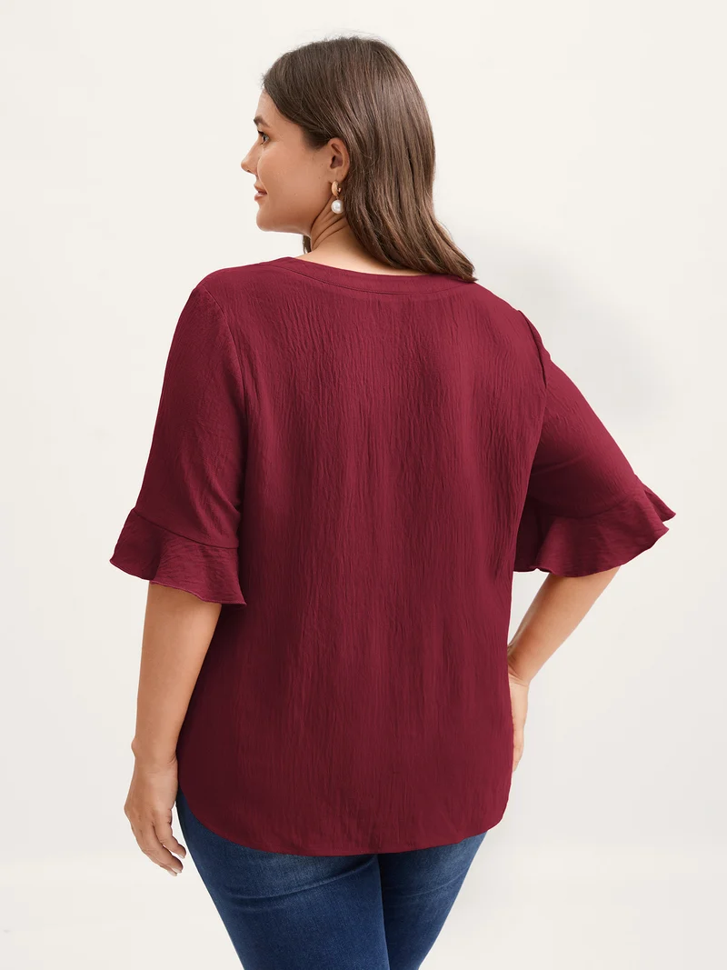 Toothpick Pleats Ruffled Sleeve Solid Blouse