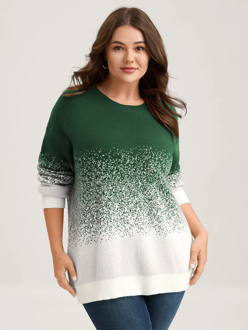 Jacquard Color Blend Ribbed Hem Pullover