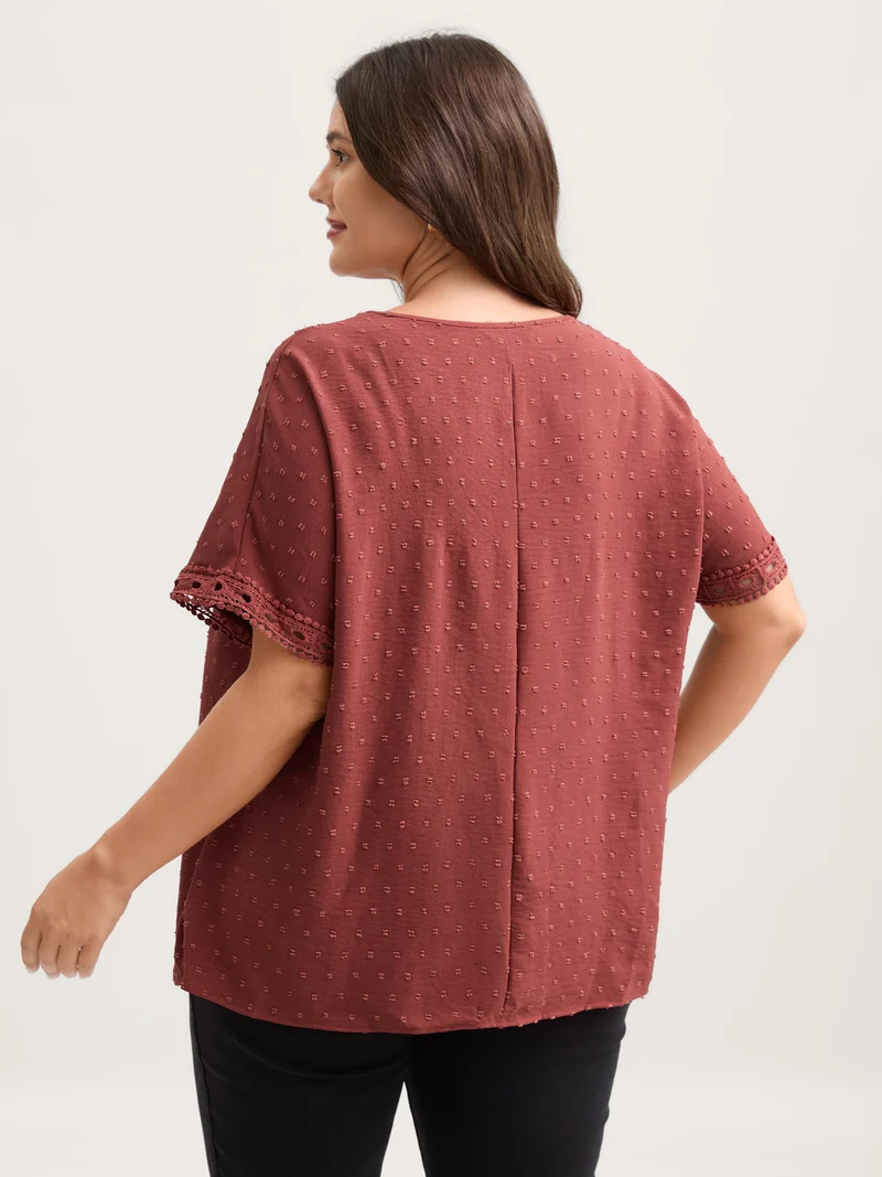 Textured Lace Trim Solid Blouse