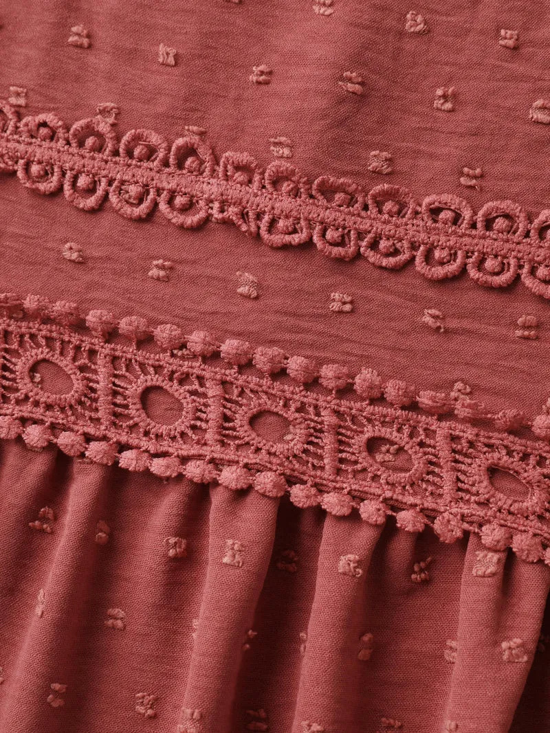 Textured Lace Trim Solid Blouse