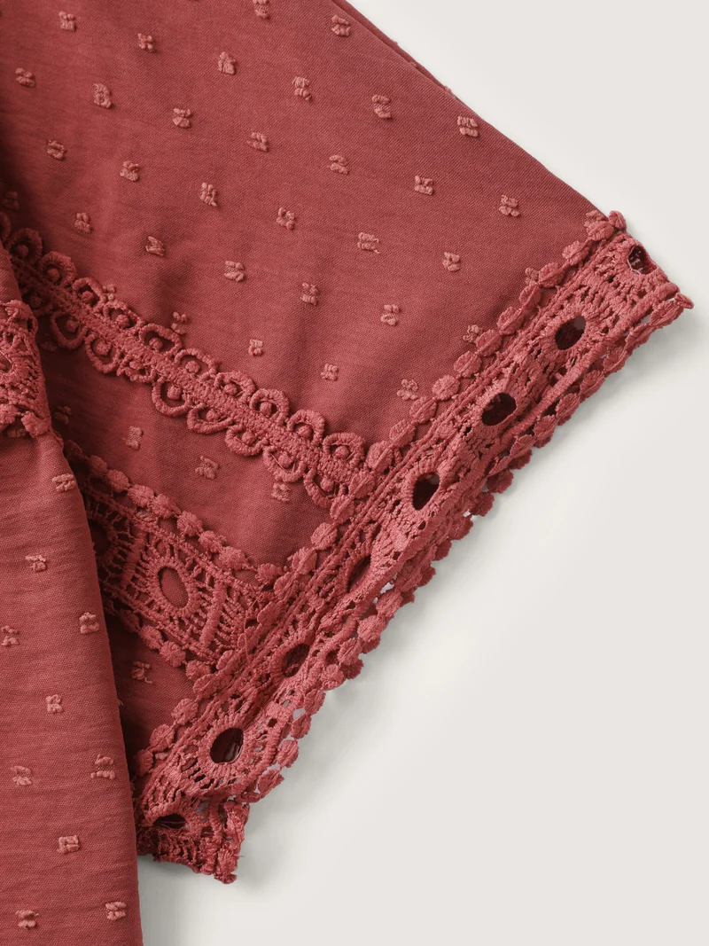 Textured Lace Trim Solid Blouse
