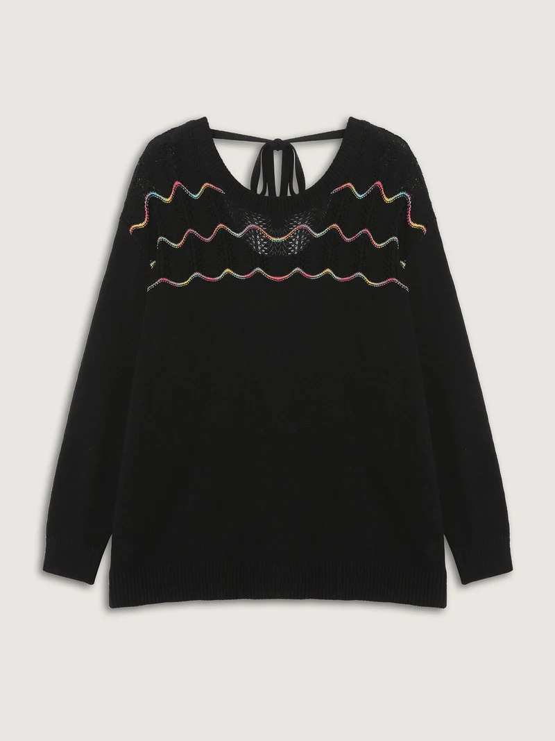 Ripple Textured Sheer Neck Backless Pullover