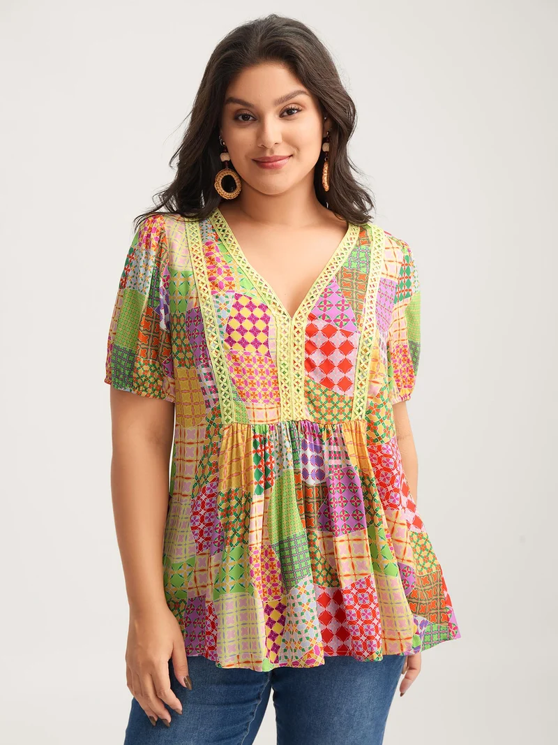 Vibrant Collage Print Babydoll Top