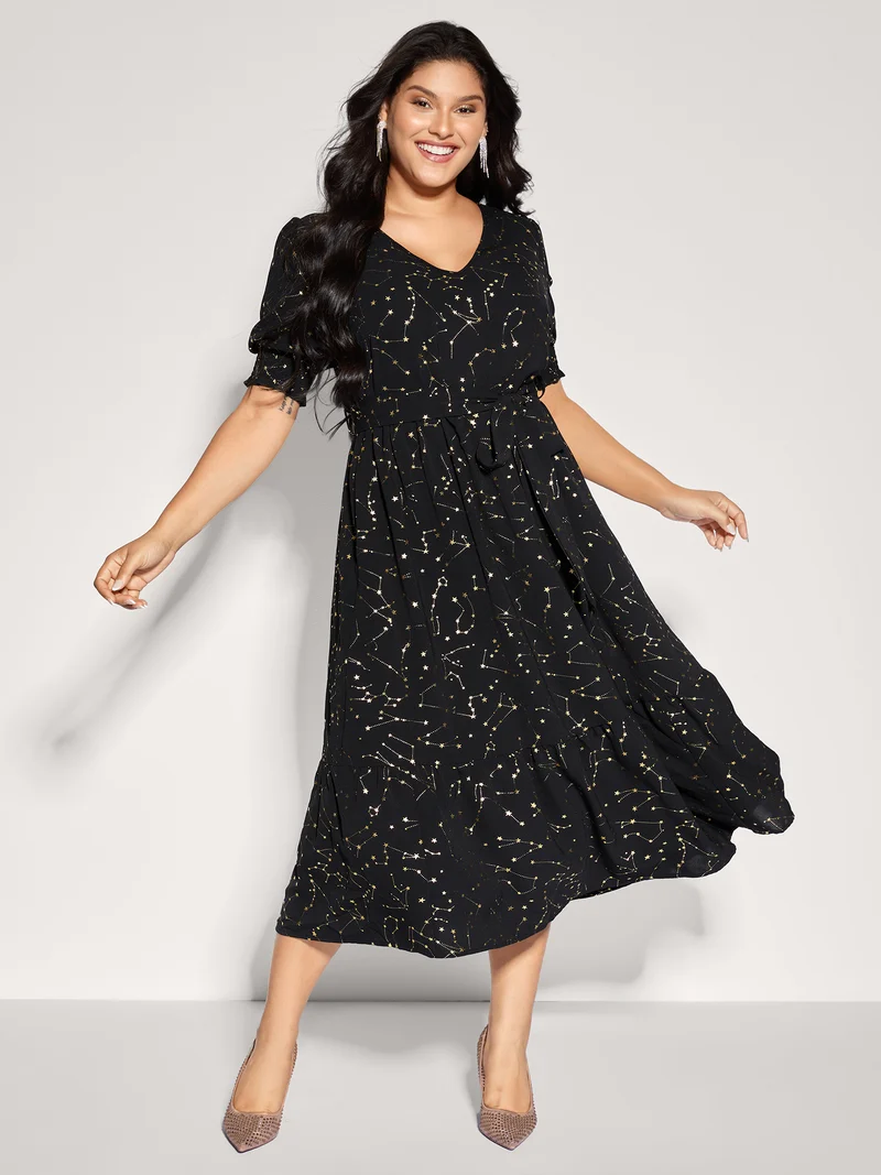 Shimmery Star Print Stretchy-Waist Midi Dress