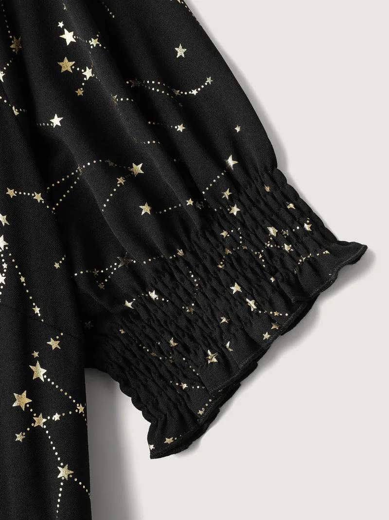 Shimmery Star Print Stretchy-Waist Midi Dress