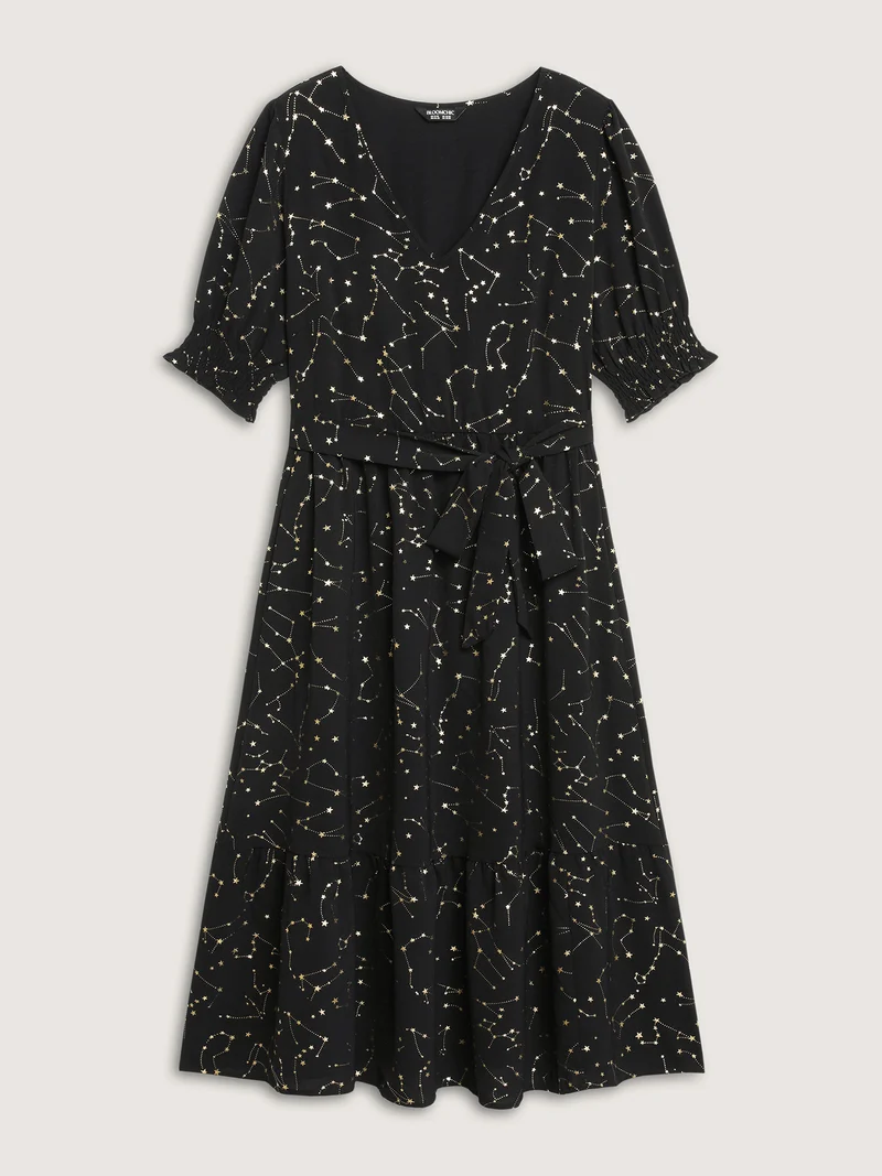 Shimmery Star Print Stretchy-Waist Midi Dress