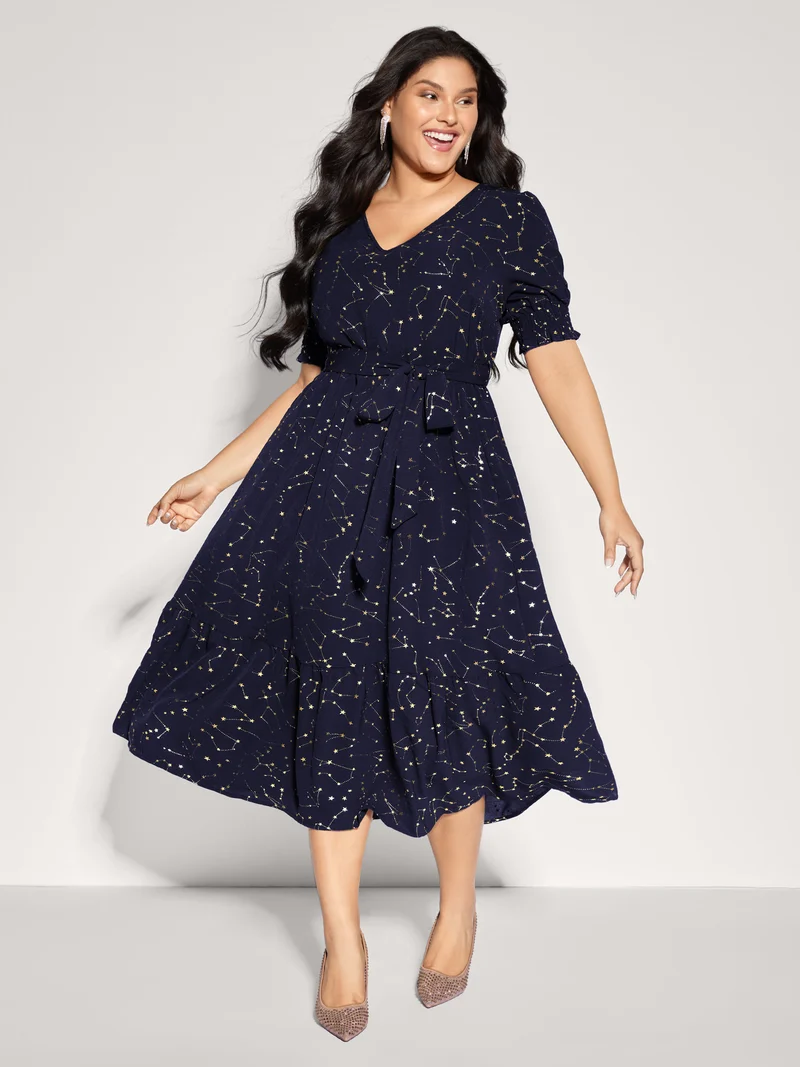 Shimmery Star Print Stretchy-Waist Midi Dress