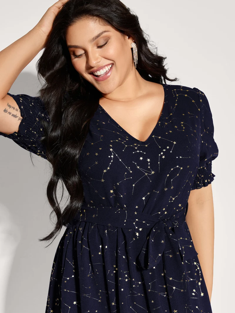 Shimmery Star Print Stretchy-Waist Midi Dress