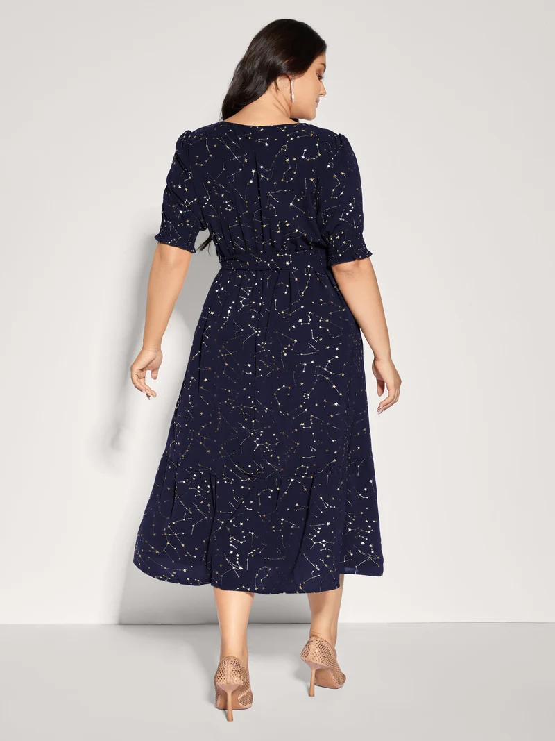 Shimmery Star Print Stretchy-Waist Midi Dress
