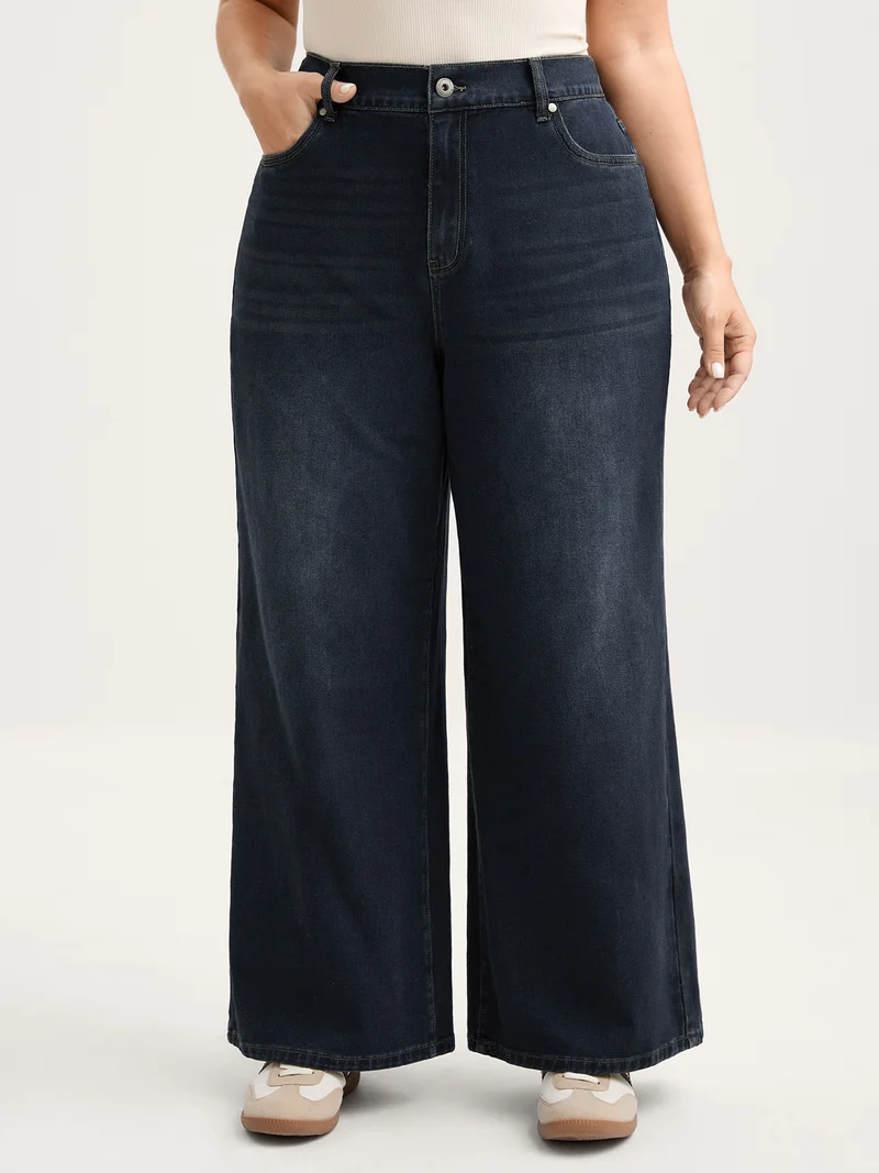 Stretchy Waist Retro Wash Wide-Leg Jeans