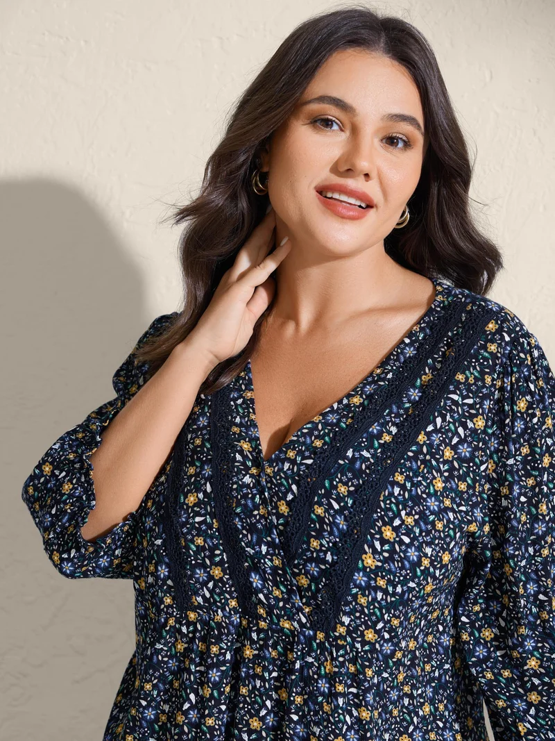 Supersoft Lace Trim Floral Print V-Neck Blouse