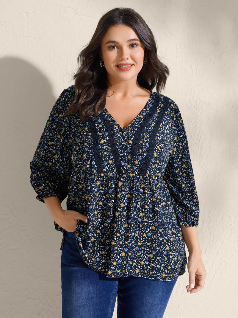 Supersoft Lace Trim Floral Print V-Neck Blouse