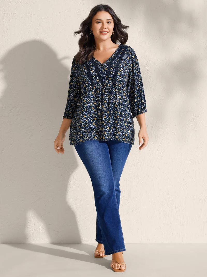 Supersoft Lace Trim Floral Print V-Neck Blouse
