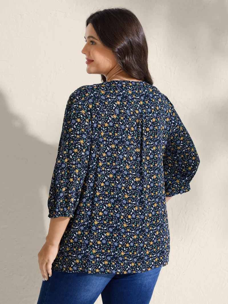 Supersoft Lace Trim Floral Print V-Neck Blouse