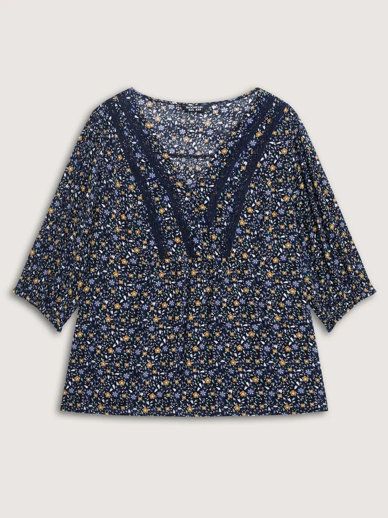 Supersoft Lace Trim Floral Print V-Neck Blouse