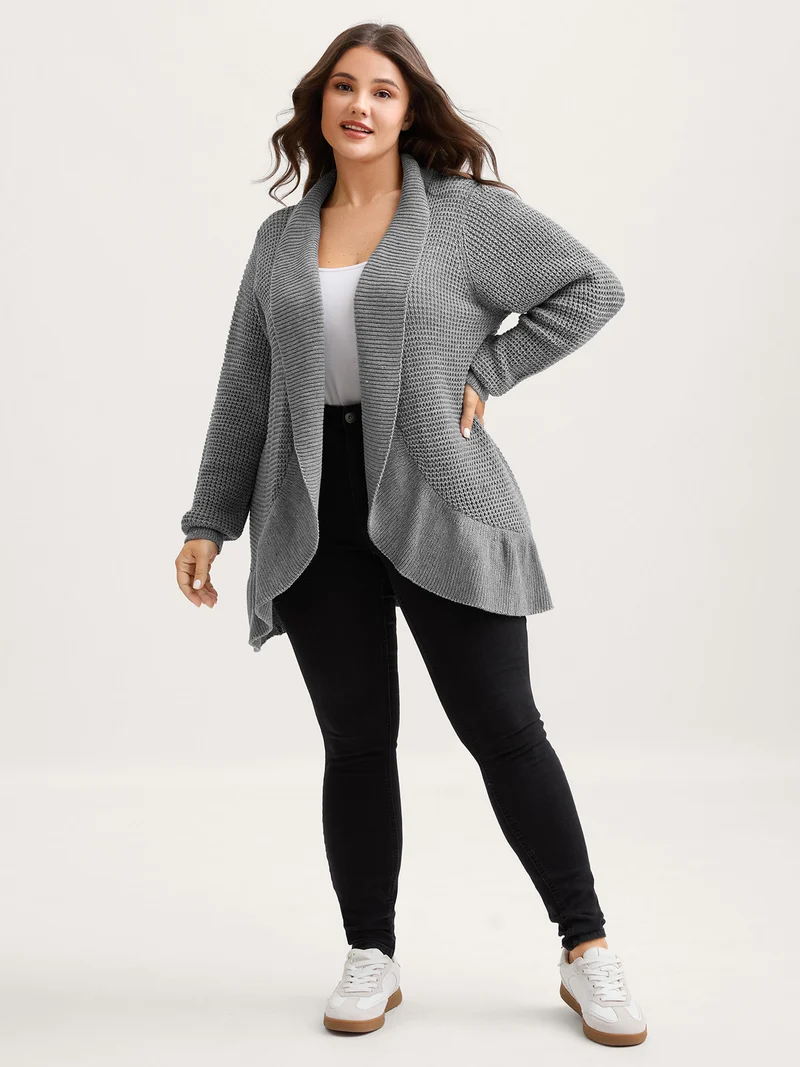 Ruffled Folded Hem Open-Front Cardigan